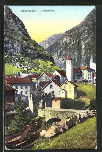 AK Goeschenen, Teilansicht der Ortschaft an der Gotthardbahn