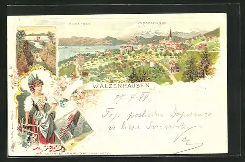 Lithographie Walzenhausen, Panorama mit Bodensee und Vorarlbergen, Drahtseilbahn nach Rheineck