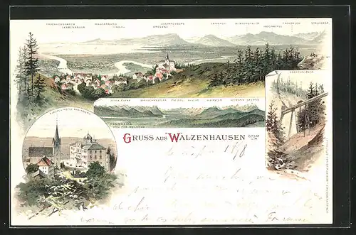 Lithographie Walzenhausen, Hotel Rheinburg und Kirche, Drahtseilbahn