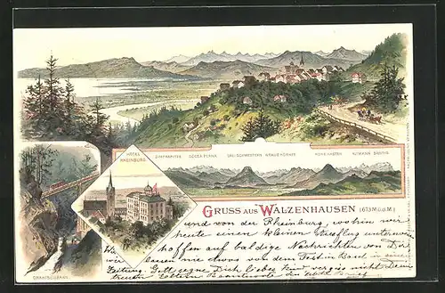 Lithographie Walzenhausen, Hotel Rheinburg, Panorama mit Drei Schwestern und Säntis