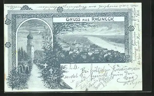 Mondschein-AK Rheineck, Kirche und Friedhof, Panorama mit Rhein