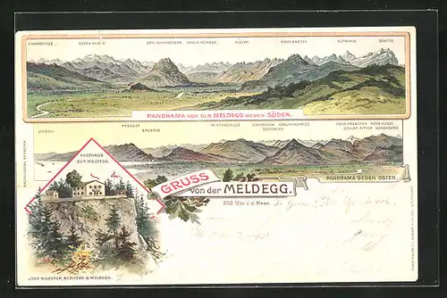 Lithographie Meldegg, Gasthaus zur Meldegg, Alpenpanorama