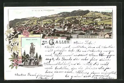 Lithographie St. Gallen, Teilansicht mit Freudenberg, Broder Brunnen