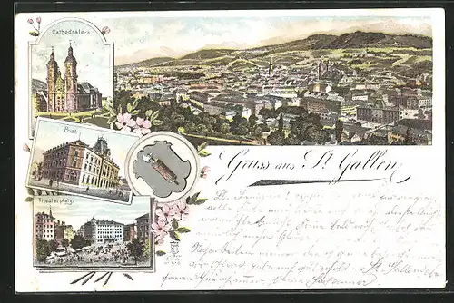 Lithographie St. Gallen, Kathedrale, Post, Theaterplatz