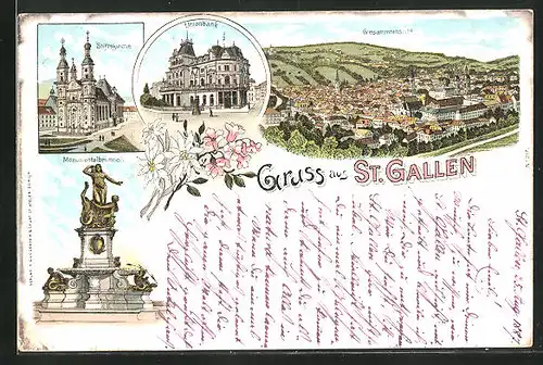 Lithographie St. Gallen, Stiftskirche, Unionbank, Monumentalbrunnen