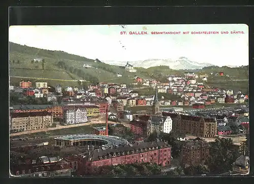 AK St. Gallen, Gesamtansicht mit Scheffelstein und Säntis