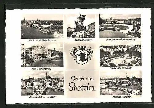 AK Stettin, Paradeplatz, Manzelbrunnen, Bahnhofsbrücke, Kaiser-Wilhelm-Platz