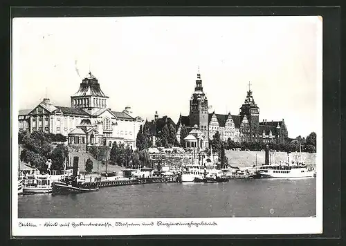 AK Stettin, Blick auf Hakenterrasse, Museum und Regierungsgebäude