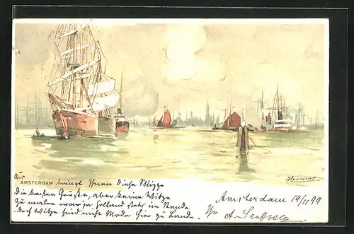 Künstler-AK Henri Cassiers: Amsterdam, Schiffe im Hafen