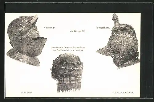 AK Madrid, Real Armeria, Celada y de Felipe III. Borgonota, Hombrera de u. Armadura de Guidobaldo de Urbino, Reformation