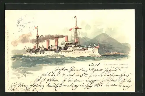 Künstler-AK Hans Bohrdt: S.M. Kreuzer Gefion im Bai von Neapel, Kriegsschiff