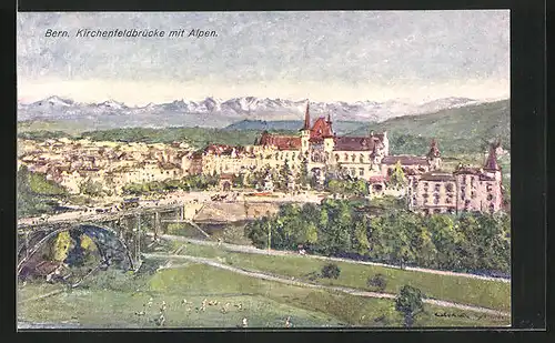 Künstler-AK Georges Stein: Bern, Kirchenfeldbrücke mit Alpen