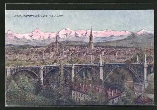 Künstler-AK Georges Stein: Bern, Kornhausbrücke mit Alpen