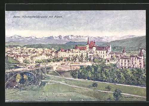 Künstler-AK Georges Stein: Bern, Kirchenfeldbrücke mit Alpen