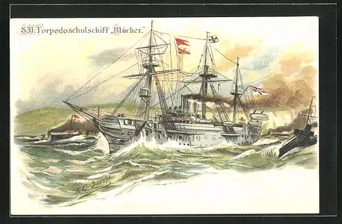 Künstler-AK Johann Georg Siehl-Freystett: S.M. Torpedoschulschiff Blücher