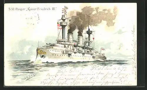 Künstler-AK Johann Georg Siehl-Freystett: S.M. Panzerschiff Kaiser Friedrich III.