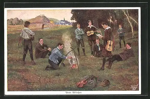 Künstler-AK Robert Kämmerer: Musiker am Waldesrand beim Abkochen