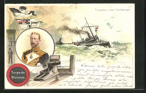 Künstler-AK A. Heide: Torpedos unter Volldampf, Porträt Prinz Heinrich von Preussen