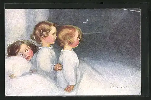 Künstler-AK Susan Beatrice Pearse: Drei Mädchen im Bett erschrocken wegen Gespenster