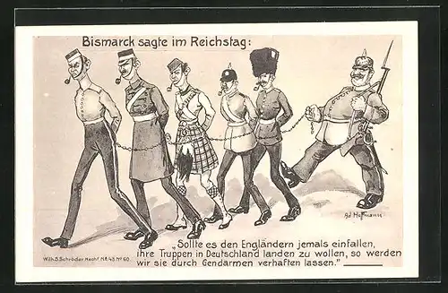 Künstler-AK Ad. Hoffmann: Deutscher Gendarm verhaftet Engländer, Propaganda 1. Weltkrieg