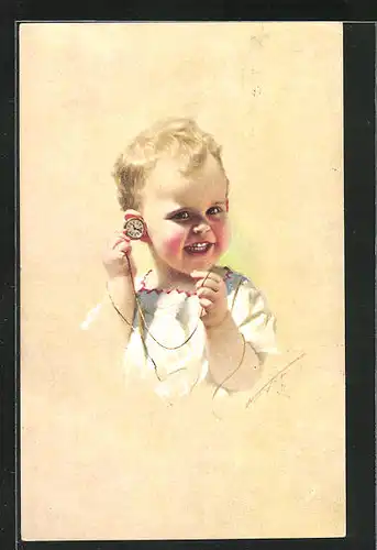 Künstler-AK Ludwig Knoefel: Kleinkind mit Uhr am Ohr