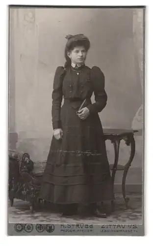 Fotografie H. Strube, Zittau i. S., Lessingstr. 14, Portrait dunkelhaarige Schönheit im prachtvollen Kleid