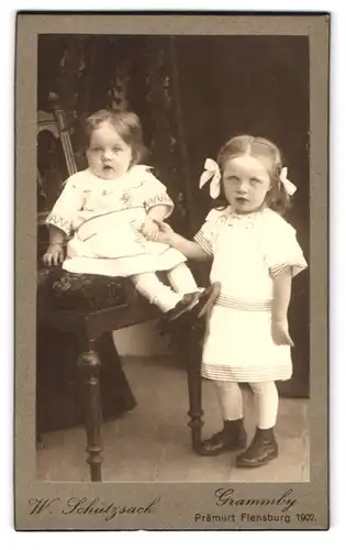 Fotografie W. Schützsack, Grammby, Portrait zwei bildhübsche kleine Mädchen in weissen Kleidchen