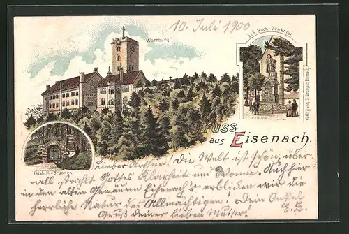 Lithographie Totalansicht der Wartburg, Elisabeth-Brunnen und Seb. Bach-Denkmal in Eisenach