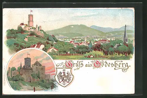 Lithographie Godesburg Gesamtansicht und Blick auf Bad Godesberg