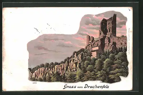 Lithographie Ruine Drachenfels, Gesamtansicht