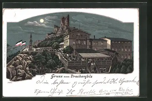 Mondschein-Lithographie Burg Drachenfels, Totalansicht mit Restaurant