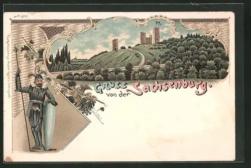 Lithographie Panoramablick zur Sachsenburg, Ritter in Rüstung