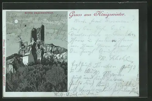 Mondschein-Lithographie Ruine Drachenfels in Königswinter