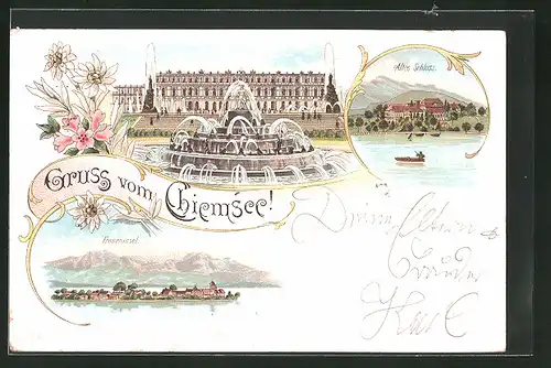 Lithographie Schloss Herrenchiemsee und altes Schloss