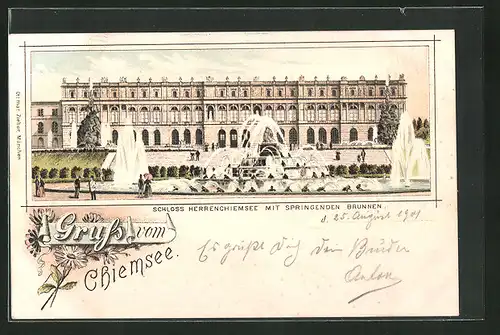 Lithographie Schloss Herrenchiemsee mit springenden Brunnen