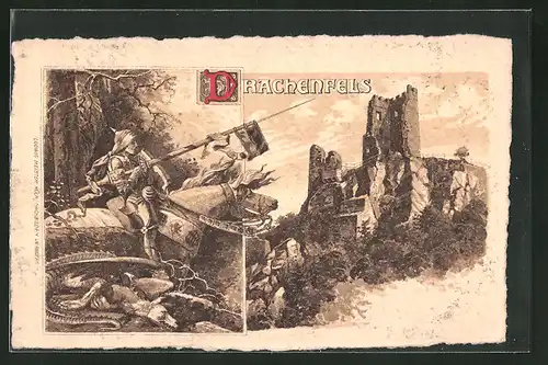 Lithographie Ruine Drachenfels, Gesamtansicht, Drachentöter auf Pferd