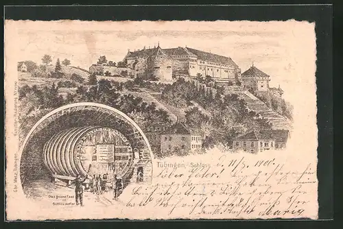 Lithographie Tübinger Schloss, Gesamtansicht und grosses Fass im Schlosskeller