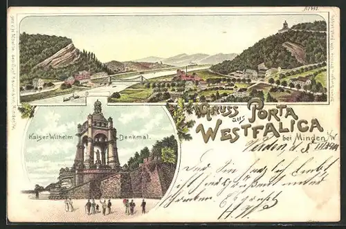 Lithographie Porta Westfalica, Kaiser Wilhelm-Denkmal, Totalansicht