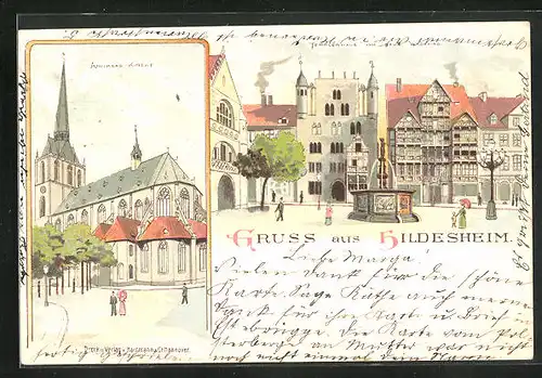 Lithographie Hildesheim, Andreas-Kirche, Templerhaus & Haus Wedekind