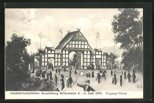 Künstler-AK Hildesheim, Landwirtschaftliche Ausstellung 1906, Besucher am Eingangs-Portal