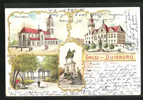 Lithographie Duisburg, Kaiser Wilhelm I. Denkmal, Schnabenhuck, Salvator-Kirche, neues Rathaus
