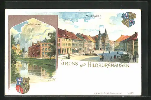 Lithographie Hildburghausen, Marktplatz, Technikum, Wappen