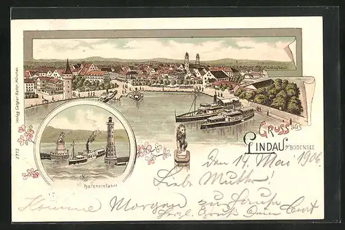 Lithographie Lindau / Bodensee, Hafeneinfahrt und Stadtpanorama