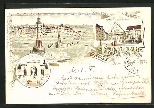 Vorläufer-Lithographie Lindau / Bodensee, 1895, Landthor, Rathaus & Brunnen, Panorama mit Hafeneinfahrt