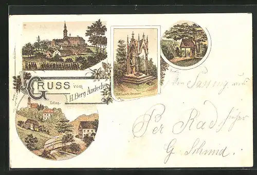 Lithographie Andechs, Kloster, St. Elisabethbrunnen, Kapelle, Ansicht von Erling