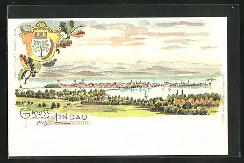 Lithographie Lindau / Bodensee, Panorama und Wappen