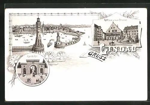 Lithographie Lindau / Bodensee, Landthor, Rathaus und neuer Brunnen, Gesamtansicht