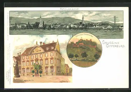 Lithographie Offenburg, Rathaus, Schloss Ortenberg, Totalansicht
