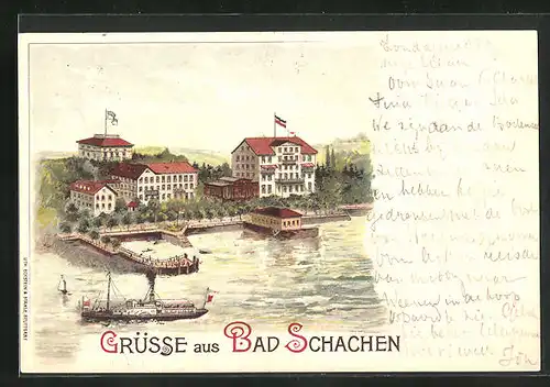 Lithographie Bad Schachen, Uferpartie mit Kurhotels