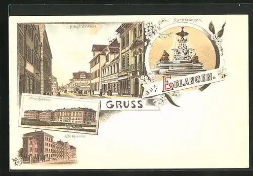 Lithographie Erlangen, Neue und Alte Kaserne, Hauptstrasse, Kunstbrunnen